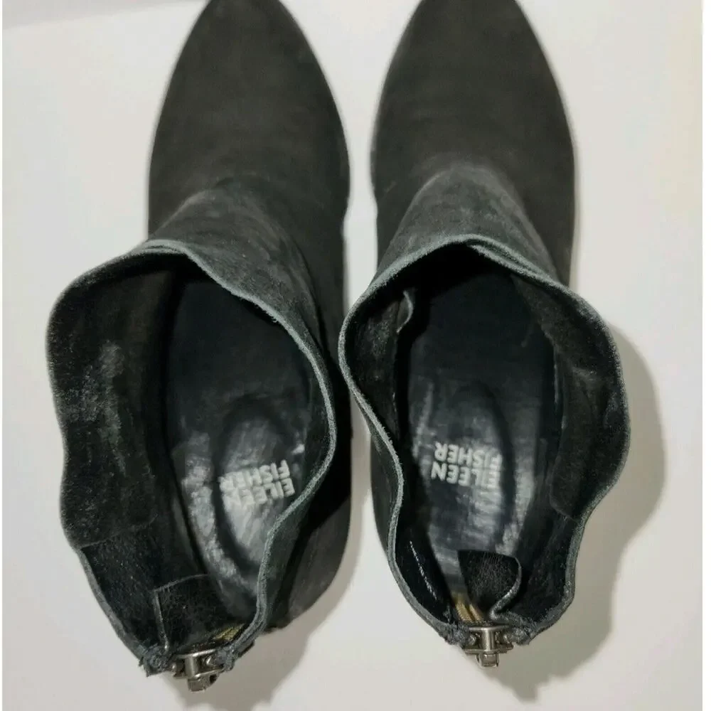 Eileen Fisher Black Soft Leather Ankle Boots 5.5 Booties Back Zipper